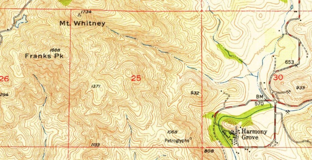 1948 map of harmony grove showing mine locations